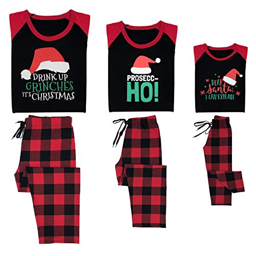 Family Christmas Pajamas Matching Set, Holiday PJs for Women/Men/Kids/Couples, Letter and Plaid Printed Long Sleeve Tee and Pants Loungewear (Red+Black,Women/M)