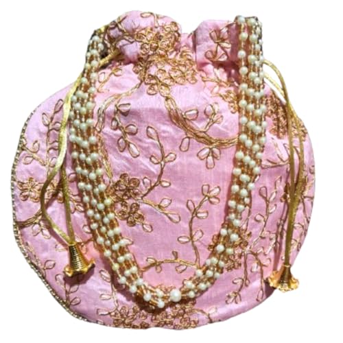 Jagriti Shakthi Ethnic Handbags for Women | Carry pouches Embroidered bags| Multicolor Handbag for Women Wedding Party -Color light pink/Baby pink(Pack of 1)