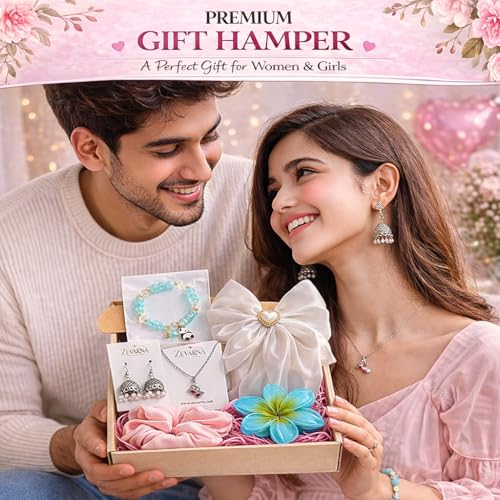 Image of Gift Hamper for Woman & Girls Under 300 | Cute Accessories Gift Set with Earrings, Bracelet, Necklace & Scrunchie | Birthday Gift for Girlfriend, Sister, Teen Girls | Kitty Party Return Gifts | Set of 6 Items - Perfect For Rakhi Gift | Random Colors and Designs for Surprise