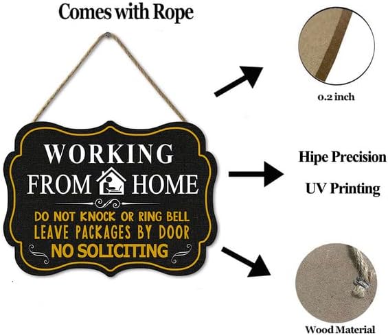 Miniatura 8 de Letrero con texto en inglés "Working from Home" ("Do Not Knock or Ring Bell Leave Packages at Door No Soliciting") para puerta delantera, letrero de