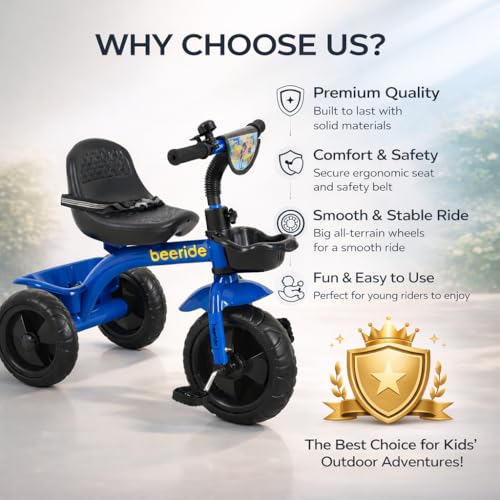 Image of Smart & Safe Kids Tricycle with EVA Wheels, Storage Basket & Seat Belt | Kiddo 3-Wheel Tricycle Cycle for Toddlers Age 3-5 Years | Red Baby Tricycle for Boys & Girls (Blue)
