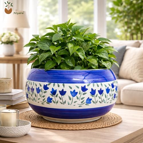 Image of Niyara Ceramic Flower Pot with Blue Floral Design | Decorative Indoor Planter for Home & Living Room | Handcrafted Round Plant Pot | Ideal for Tabletop & Balcony Decor (Large)