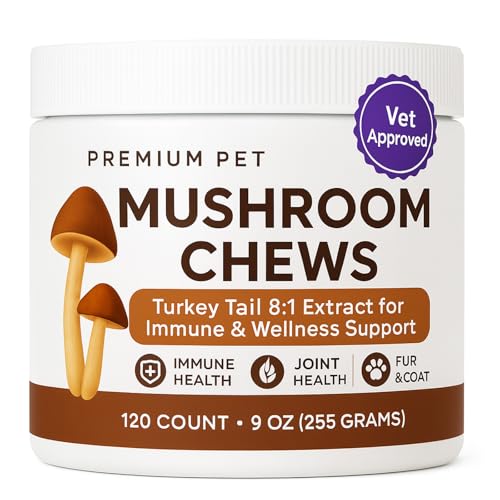 Turkey Tail Mushroom for Dogs Premium Pet Mushroom Chews Joint Spine& Mobility Support Immune Health Skin & Coat Care with Chaga Cordyceps Lions Mane Shiitake & Maitake 120 Chews (1)