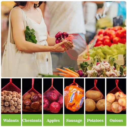 sukh 90pcs mesh produce bags - 24inch mesh vegetable bags onion storage net produce seafood net for vegetables storage fruits seafood and other agricultural products red
