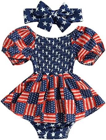 Ursobutegl 4th of July Romper Dress for Baby Girls Ruched Jumpsuits Skirts Bodysuits Independence Day Princess Outfit(12-18 Months, Striped Stars 1)