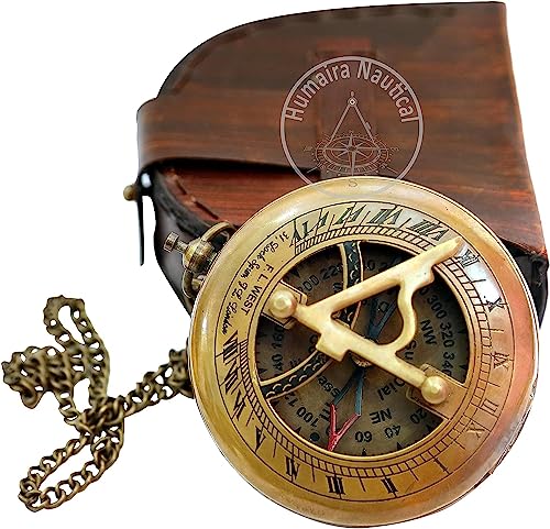 Brújula de brújula de sol de latón con estuche de cuero y cadena miniatura 1