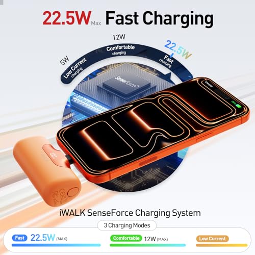 Image of iWALK Portable Charger 5500mAh Next-Gen Small Power Bank 22.5W Fast Charging Battery USB-C Portable Phone Charger for iPhone 17 /16 /15 17 Plus 17 Pro Max iPad, Samsung Galaxy S25 S24 S23 Android,Orange