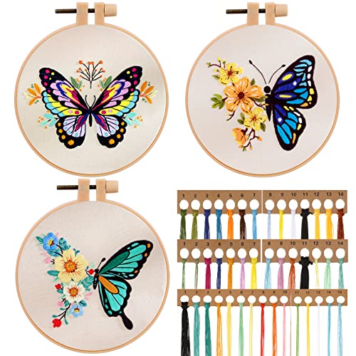 JSRQT 3 Piezas Mariposa Kit de Inicio de Bordado,Kit de Herramienta de Punto Cruz,Cross Stitch a Mano Kit de Inicio de Bordado para Adulto Principiantes