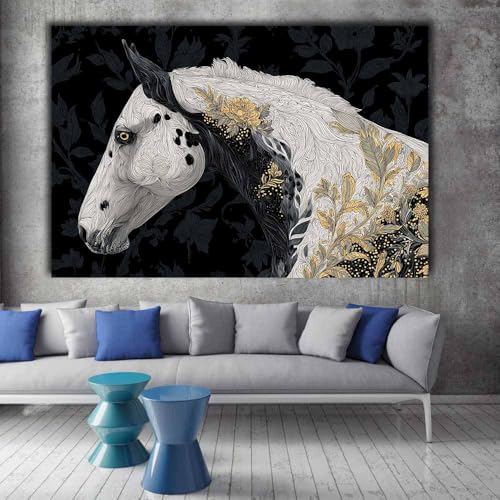 Tableau cheval noir et blanc 40x60cm encadré pour décoration salon