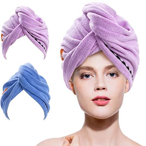 Lovife Microfiber Hair Towel Bigger Plus Size Shower Hair Towel Wrap Turban Quick Dry Hair Hat Anti-frizz Fasten Head Turban with 2 Button for Long Curly Hair 2 Pack (Purple and Blue)