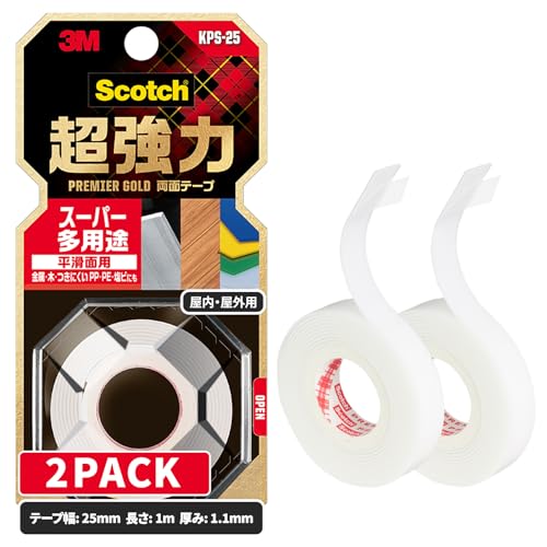 3M スコッチ 超強力両面テープ プレミアゴールド スーパー多用途 25mm×1m 1巻 KPS-25 (× 2)