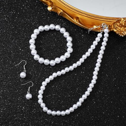 12 Pcs White Pearls Necklace Set 8mm Faux Pearl Necklace and Earring Set for Women Imitation Pearls Necklaces Dangle Earrings Bracelets Costume Jewelry Sets for Wedding Bridal Shower Birthday Gifts4