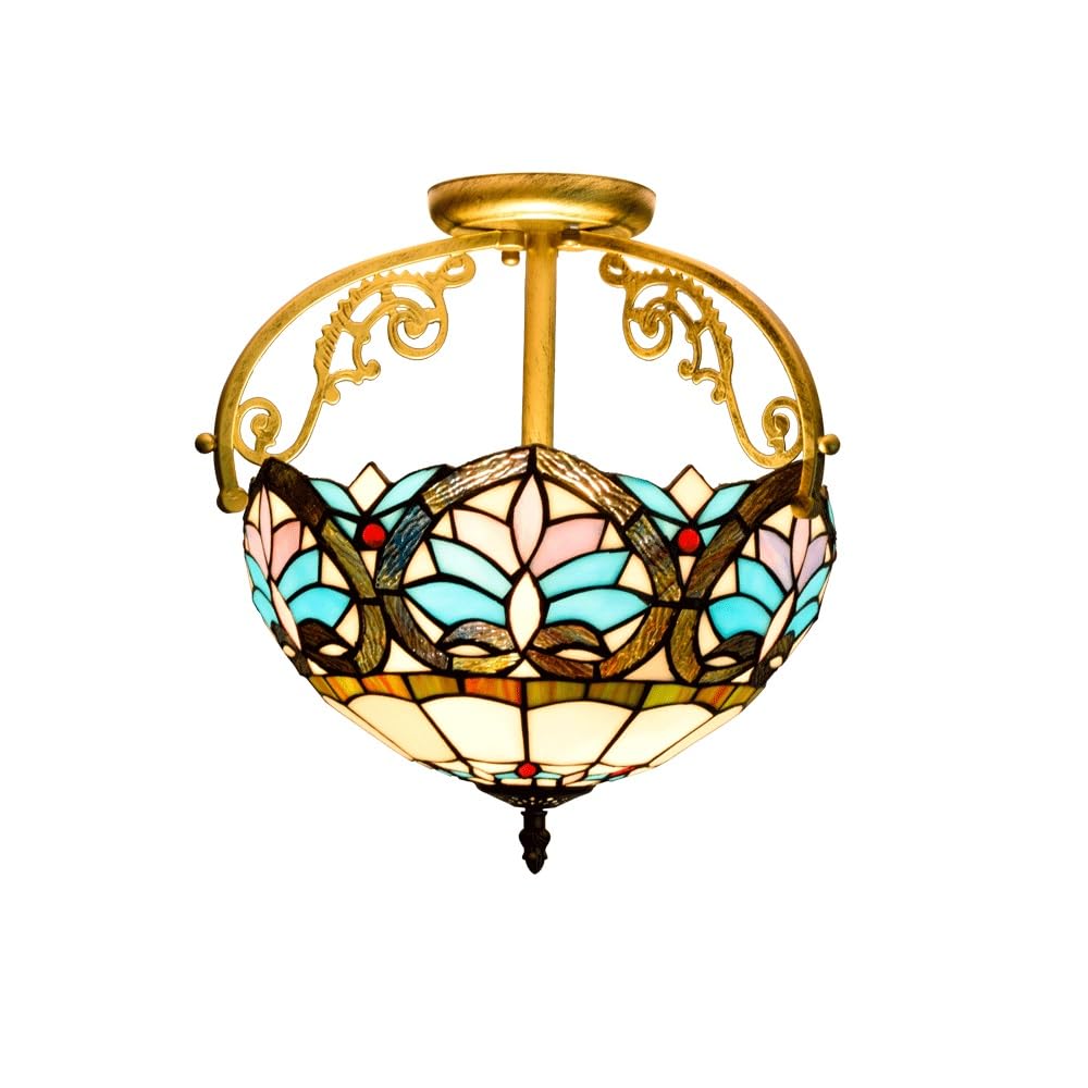HJRegaFimu 12 Inches Semi Flush Mount Ceiling Light Stained Glass Uplighter Lamp Blue Heart Vintage Style Deco Chandelier For Living Dining Room Bedroom Corridor
