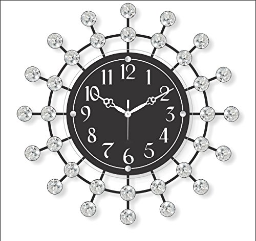 Image of CHRONIKLE Beautiful Floral Design Round Diamond Studded Home /Office Decor Analog Metal Wall Clock with Sweep Movement (Size: 36.5 x 5 x 36.5 CM | Color: Black | Weight: 805 grm)
