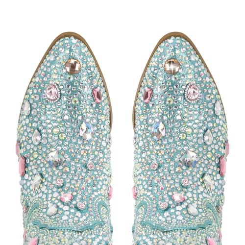Image of Richealnana Sparkly Rhinestones Cowboy Cowgirl Style Boots Calf High Boots for Women 2INCH Heeled Shining Pull On Tabs