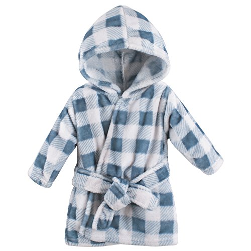 Image of Hudson Baby Unisex Baby Plush Animal Face Bathrobe, Blue Plaid, 0-9 Months