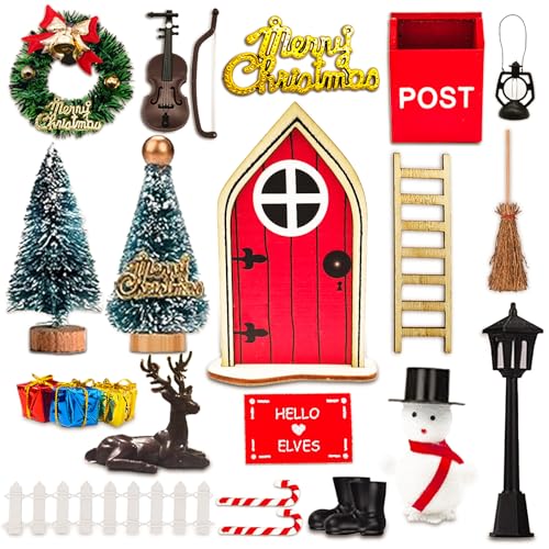 YCVSKY Puerta Elfo Navidad, 24 Accesorios para Elfos Navideños, Adornos y Casa de Duende para Decoración Navideña