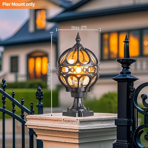 Image of Outdoor Globe Post Lights, Black Sphere Post Lamps Fixture with Pier Mounting Base, Waterproof and Rustproof Aluminum Outdoor Post Lamps for Lawn Porch Garden Trail Patio Fence Deck No Sensor
