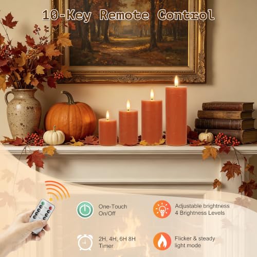 Image of Orange Flickering Flameless Candles, Real Wax Battery Operated Candles with Remote, Flat Top Led Flameless Pillar Candles for Home, Wedding, Party Decor, Set of 4