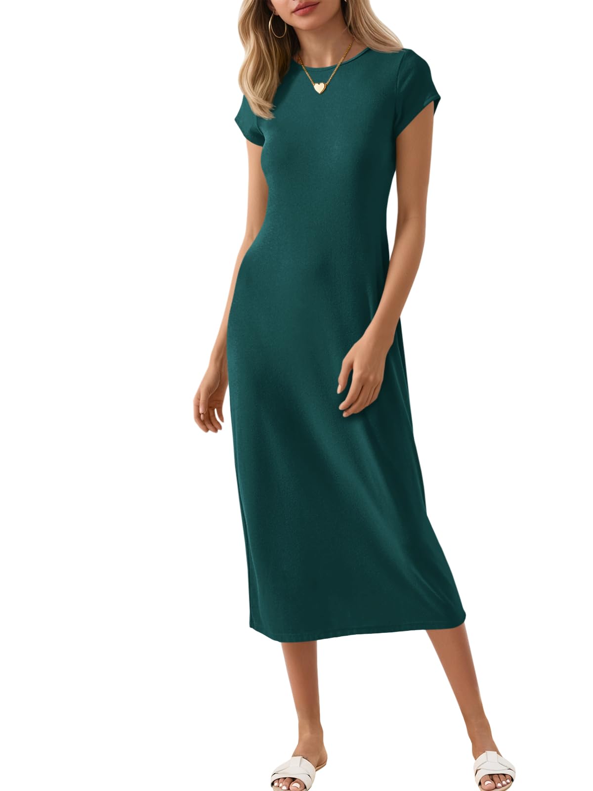Wenrine Women's Short Sleeve T-Shirt Dress Summer Crew Neck Basic Solid Casual Long Midi Dresses