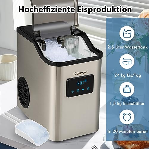 Foto von COSTWAY Eiswürfelmaschine 24kg pro Tag Crushed Ice Maker, Eismaschine Eiswürfelbereiter inkl. Schaufel Timer, 2,5L Wassertank, Selbstreinigungsfunktion
