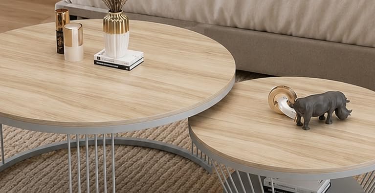 Image of The Round Coffee Table and The Stacking Tea Table with a Gold Metal Frame are Two Versatile Modern Center Tables that Look Great in Living Rooms (Cream Gry)