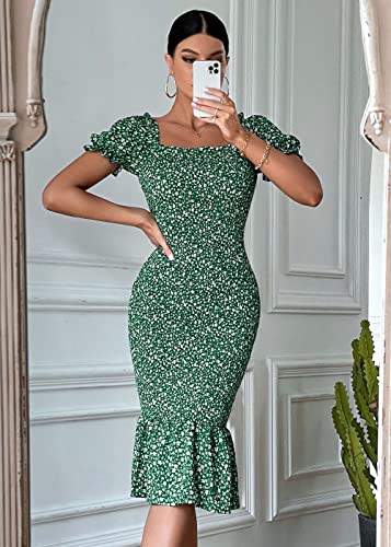 Prettygarden Women's Summer Floral Midi Bodycon Dresses Short Puff Sleeve Square Neck Ruffle Hem Mermaid Cocktail Dress (Green,X-Large) #TOP1