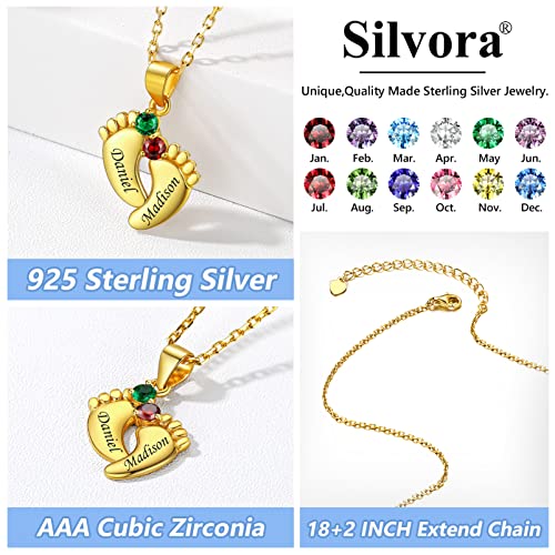 Silvora Sterling Silver Personalized Custom Baby Feet Necklace with Birthstone Great Mother Pendants Gift Packaging3