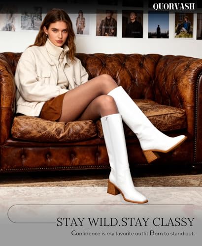 Image of Knee High Boots Women - Long Elastic Faux Leather Boots Tall Square Toe Chunky Block High Heel Shoes with Side Zipper