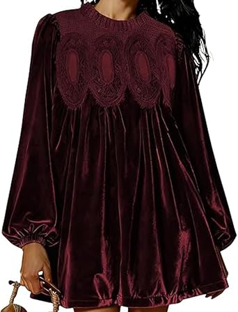 Melliflo Womens Lace Velvet Mini Dress Long Puff Sleeve Pleated Crewneck Swing Babydoll Dress Elegant Party Flared Dresses