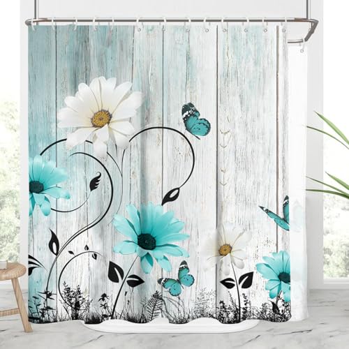 AAtter Teal Floral Shower Curtain Aqua Turquoise Wood Butterfly Vintage