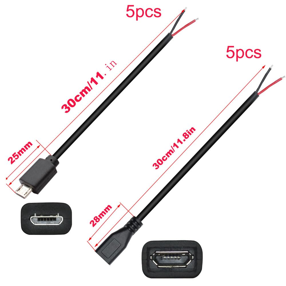 10 Stück Micro USB Pigtail Kabel – 22 AWG, 3A, 30 Cm, Mit Offenen Enden Zum Löten