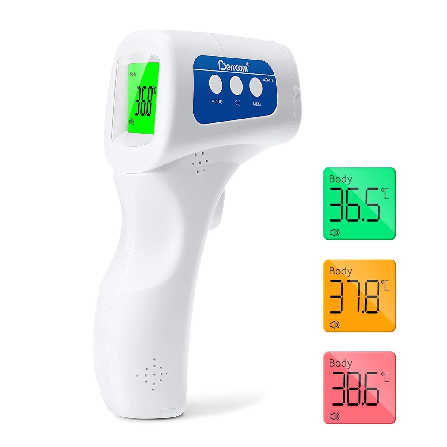 Berrcom Termómetro Digital Termómetro Frente Infrarrojo sin Contacto Termómetro Bebés, Médico Termometros pantalla Retroiluminada de Tres Colores, Temperatura de Lectura Instantánea