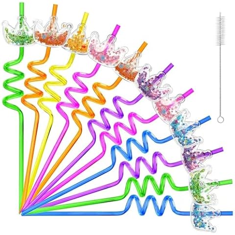12 Pcs Glitter Princess Party Favors Reusable Crown Drinking Straws 6 Designs Great for Princess Theme Birthday Party Supplies with Cleaning Brushes Cover