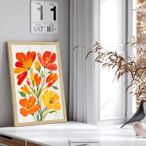 Image of ArtX Paper Floral Art Paintings with Frame for Home Decor, Flowers Wall Painting for Living Room, Multicolor, Natural Wood Color Frames, Set of 2