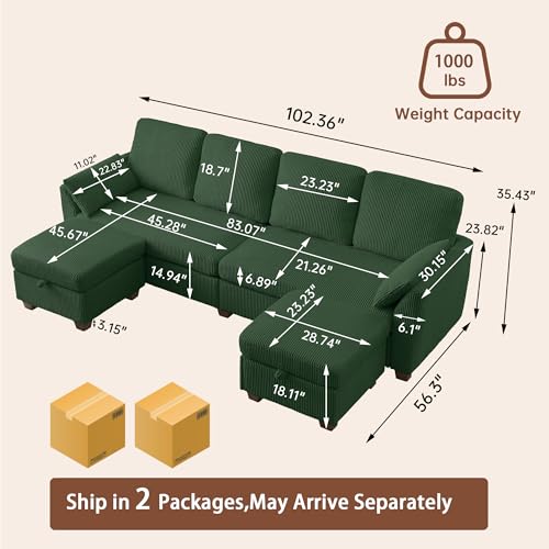 Image of Sectional Sofa with Dual Storage Ottomans, 4 Seat U Shaped Couches for Living Room: Soft Corduroy | Double Movable Chaise Ottoman | Modern Reversible Convertible Couch Set, Green
