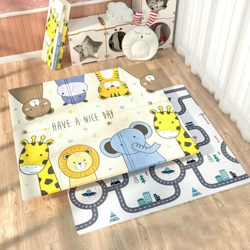 ベビープレイマット 折り畳み 160x180x1cm リバーシブル XPE素材 軽量 厚手 赤ちゃん 子供用 幼児 ベビーマット 滑り止め 防水防汚 安全無味 衝撃緩和 防寒防湿マット フロアマット クロールマット 可愛い 知育 遊び (カラー2,180x