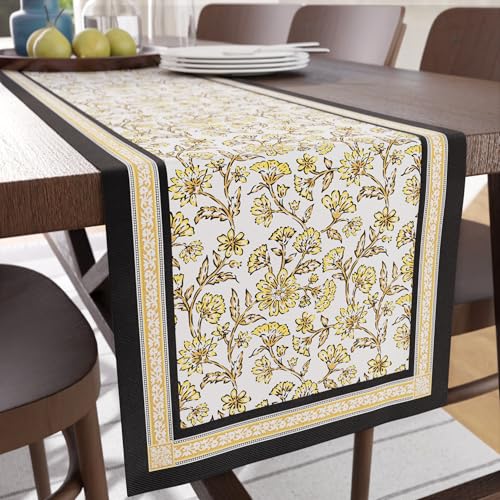 Image of Encasa XO Dining Table Runner for 4 to 6 Seater | Yellow-02 Block Printed Cotton Canvas | 32x183 cm | Jaipur Sanganeri Hand Print