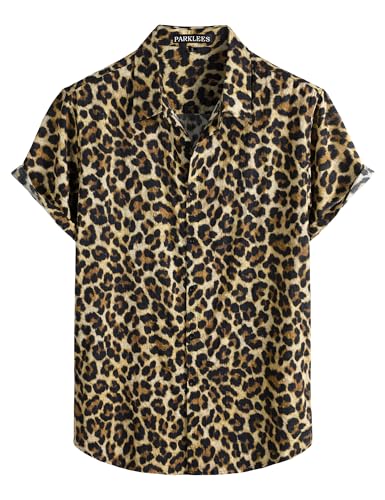 PARKLEES Chemise hawaïenne boutonnée à manches courtes pour homme - Chemise d'été décontractée vintage légère, Imprimé léopard beige, L