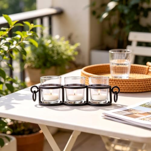 Image of HOSLEY Clear Glass Tealight Candle Holders| Black Tealight Candle Holders with Glass Holders Perfect for Home Decor Tabletop Centerpiece| Pack of 1 with Pack of 3 Tealights