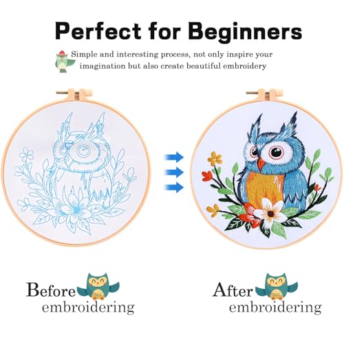 Image of KESTAR Embroidery Starter Kit, Owl Flower Embroidery Kit for Adults Beginners, Cross Stitch Kits with Embroidery Cloth Hoops Needles Instruction and Threader