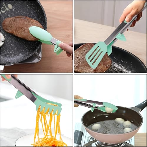 Image of YOMITH Stainless Steel Kitchen Tongs with Silicone Head, Nonstick Food Grade Cooking Tweezer Chimta for Buffet Multi Purpose Food Serving Tools (Green, 3 PCS Set)