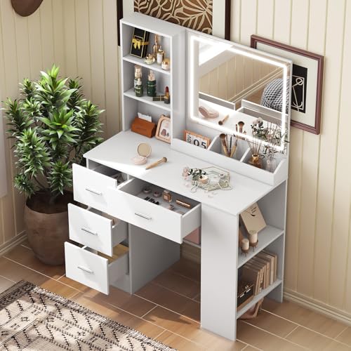 Coiffeuse avec Miroir LED Blanche - Coiffeuse avec 4 tiroirs et étagères de rangement latérales,...