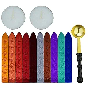 Street27 10pcs Antique Sealing Wax Sticks Set with Wicks Cord Retro Spoon and 2 Pcs White Candles for Retro Vintage Wax Seal Stamp (Colorful-Sticks)