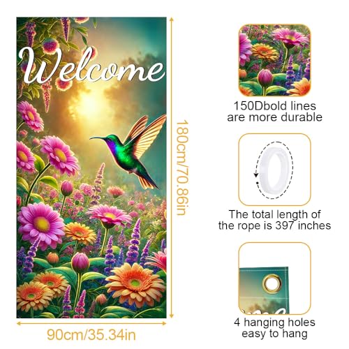 Image of Welcome Hummingbird Door Cover 35x71in Floral Garden