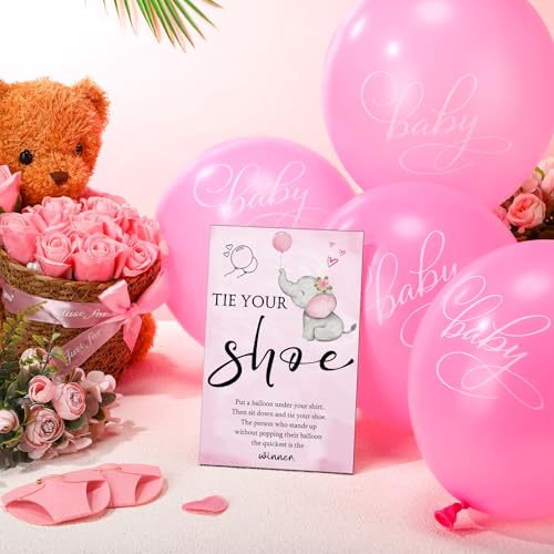 Image of Roowest 51 Pcs Tie Your Shoe Baby Shower Game Sign Wooden Sign Greenery Gift Sets Gender Reveal Party Favors 50 Balloons Latex Balloons for Game Wedding Supplies(Pink,Elephant)