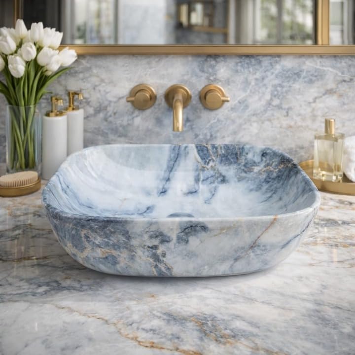Image of Ceramic Tabletop Wash Basin - Glossy Rectangular Countertop Vessel Sink with Marble Finish for Bathroom & Vanity | Compact 18 x 13 x 5 Inch | Elegant Washbasin