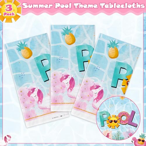 Image of 3 Packs Summer Theme Tablecloth Swimming Pool Elements Disposable Rectangle Table Cover Decoration Ocean Beach Cool and Freshing Plastic Table Cover for Summer Season Kid's Birthday Party