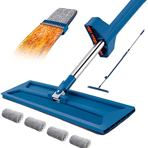 Balai Serpillère avec Essorage Intégré, Vadrouille de Nettoyage Rotative à 360° avec 4 Tampons Microfibre, Mop à Rangement Debout, pour Nettoie des Sols Bois Dur, Carrelage et Stratifié (Bleu)