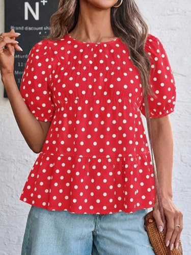 Image of Tankaneo Womens Puff Sleeve Peplum Babydoll Tops Summer Flowy Pleated Cotton T-Shirts Casual Loose Fit Cute Blouse